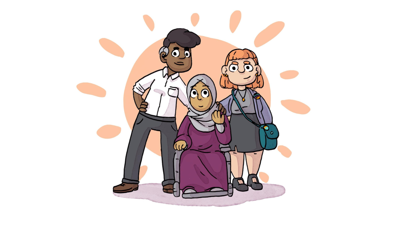 Illustration of 3 diverse women and non-binary people with disability with a sun shape behind them. They have their hands on each other's shoulders and are smiling and looking ahead.