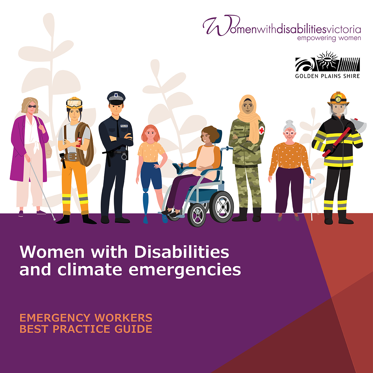 Image of front cover of the resource featuring illustrations of women and non-binary people with disabilities and emergency workers.