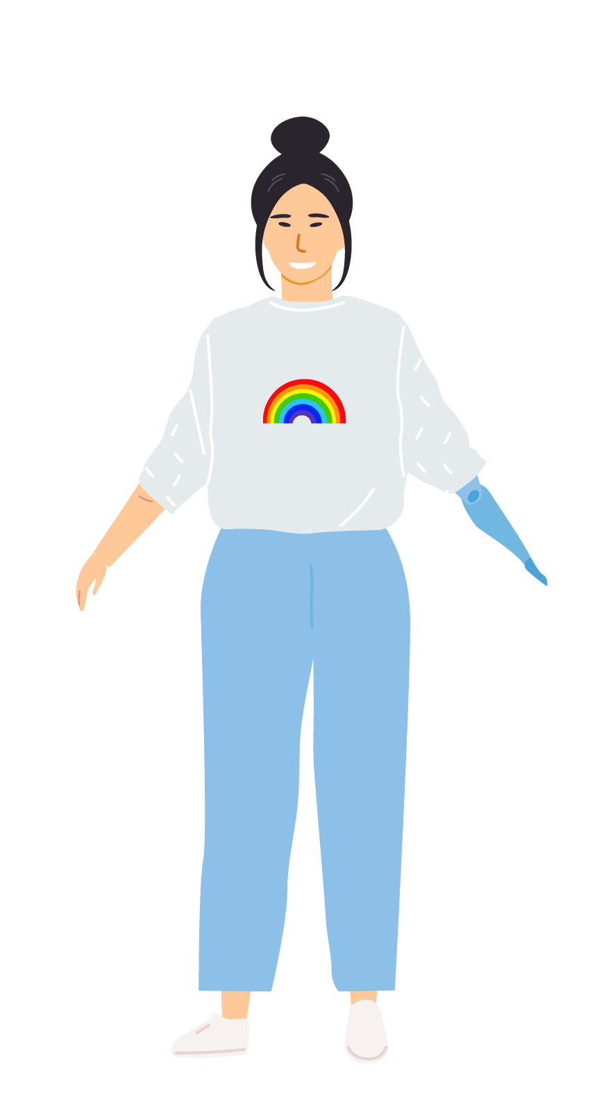 A cartoon of a person smiling wearing blue pants a white shirt with a rainbow print