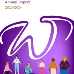 Cover of the 2023-2024 Annual Report. It has a big W in WDVs cursive font and underneath it is all filled in with purple gradient. Across the bottom there is a group of women and gender diverse people with disabilities.